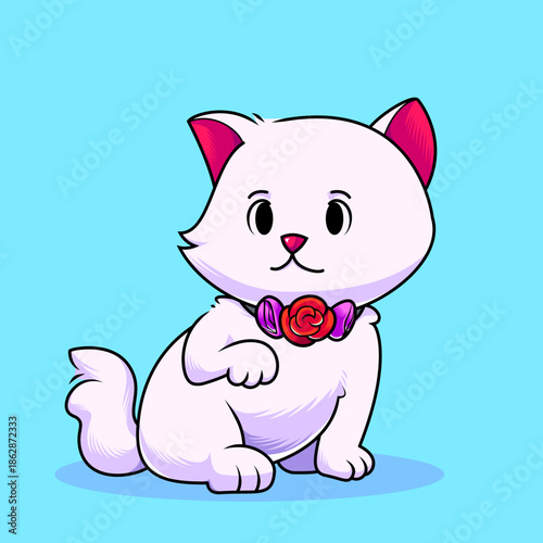 Cute white kitten wearing red rose flower collar vector illustration