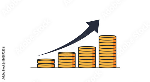 Business growth illustration features a stack of golden coins with a black arrow pointing upwards to represent profit increase.