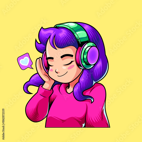 Purple Hair Girl Wearing Pink Hoodie Listening to Music with Headphones Illustration