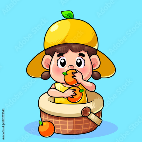 Cute little girl in yellow hat and clothes eating a fresh orange fruit vector illustration