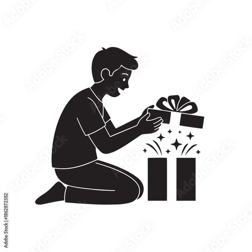 silhouette of person opening a gift box white background
