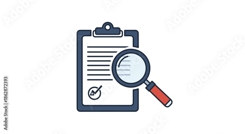 Magnifying glass hovering over a signed legal document on a clipboard represents a thorough inspection or audit process.