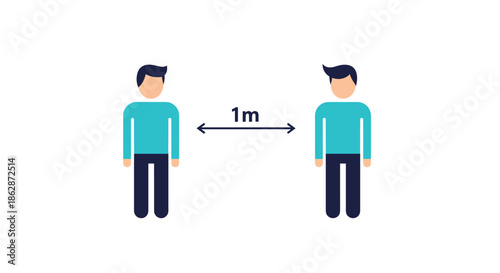 Two male silhouettes positioned one meter apart with a double headed arrow demonstrating social distancing protocols.