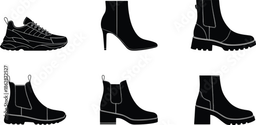 Silhouettes of various boots and sneakers with detailed outlines, ideal for fashion, footwear, and product design projects.