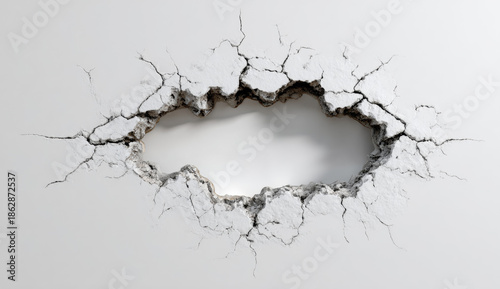 A white wall with a large hole surrounded by cracks and thorny texture, revealing rough damaged interior surface