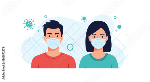 Man and woman wearing light blue surgical face masks for protection against airborne viruses and respiratory diseases.