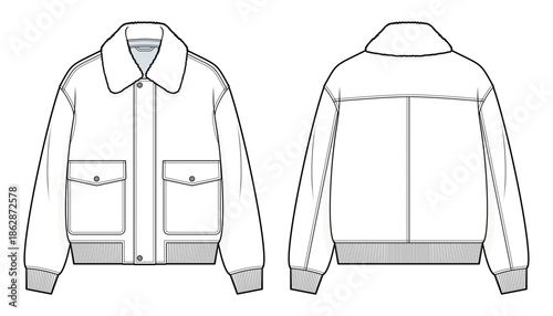 Oversized Shearling Collar Bomber Jacket Technical Fashion Illustration. Relaxed Aviator Jacket with Faux Fur Collar. Front and Back Views. men’s outerwear. CAD Mockup set.