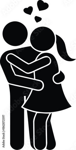 Couple embracing with hearts above, symbolizing love and romance