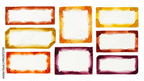 Vibrant collection of hand-painted watercolor frames and labels in warm autumn tones, ideal for creative design