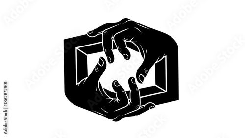 Abstract monochrome illustration of two hands creating a geometric frame, symbolizing connection, creativity, and the formation of innovative concepts in graphic design