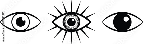 Stylized black-and-white eye illustrations with symbolic designs, ideal for mystical, artistic, and conceptual design projects.