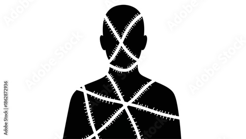 Abstract graphic illustration portraying a black silhouette of a human torso and head, fragmented and stitched together with white sutures against a stark white