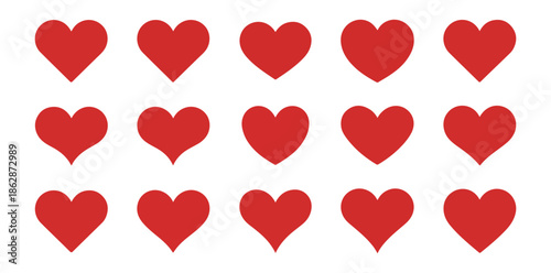 Minimalist collection of solid red heart shapes vector set focusing on slight variations in silhouette suitable for simple romantic design elements