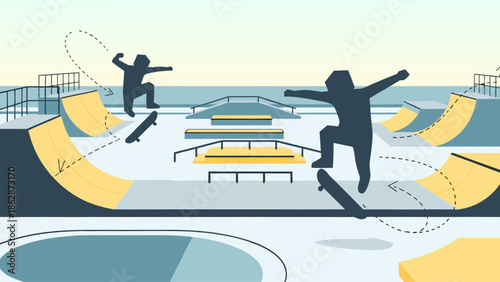 Skateboarders performing tricks at skatepark