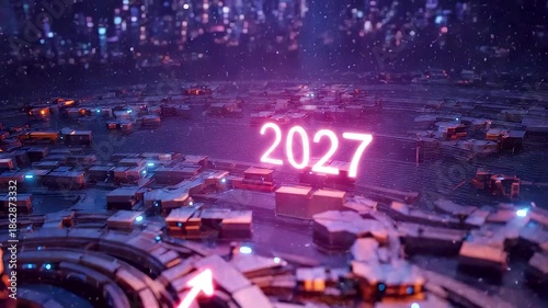 Glowing Neon 2027 Numbers Over Illuminated Cyberpunk Cityscape at Night with Purple Lights