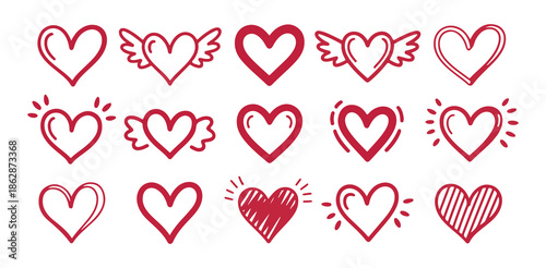 Set of clean hand drawn red heart icons for mobile application interface and modern digital product design layouts