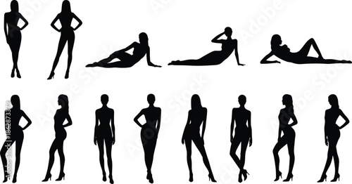 Stylized silhouettes of reclining and standing fashion poses, ideal for modeling, art reference, and design illustration projects.