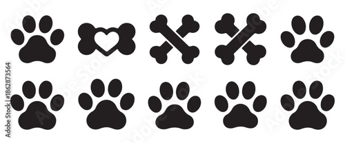 Black silhouette collection of dog paw prints and bone icons with heart symbol for pet shop branding and vet logos