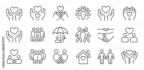 Set of kindness and support icons including hands holding hearts and embracing people