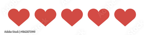 Five red heart rating icons isolated on clean white background suitable for satisfaction survey or favorite selection graphics