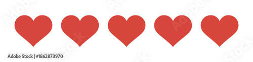 Simple set of five solid red heart rating scale icons arranged horizontally isolated for measuring customer satisfaction level
