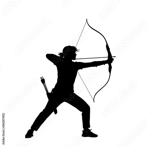 Silhouette of a focused female archer aiming with bow and arrow.