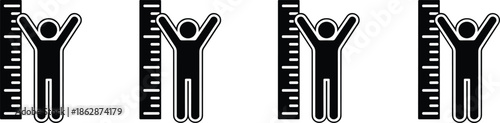 Solid Vector Icon Set Featuring Human Figures with Raised Arms Next to Vertical Measuring Rulers for Height Assessment