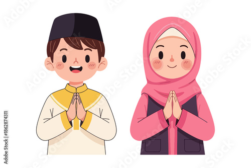 Cute Muslim Boy and Girl in Traditional Dress Praying and Greeting Vector.