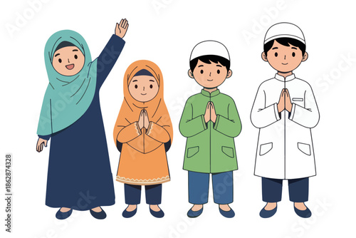 Happy Muslim Family Vector Illustration, Islamic Children Greetings, Selamat Hari Raya