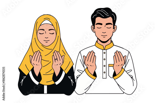 Muslim Couple Praying Together, Islamic Illustration, Ramadan Dua