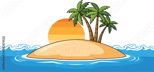 Tropical desert island vector illustration with palm trees sandy beach ocean waves and warm sunset for summer vacation travel design.