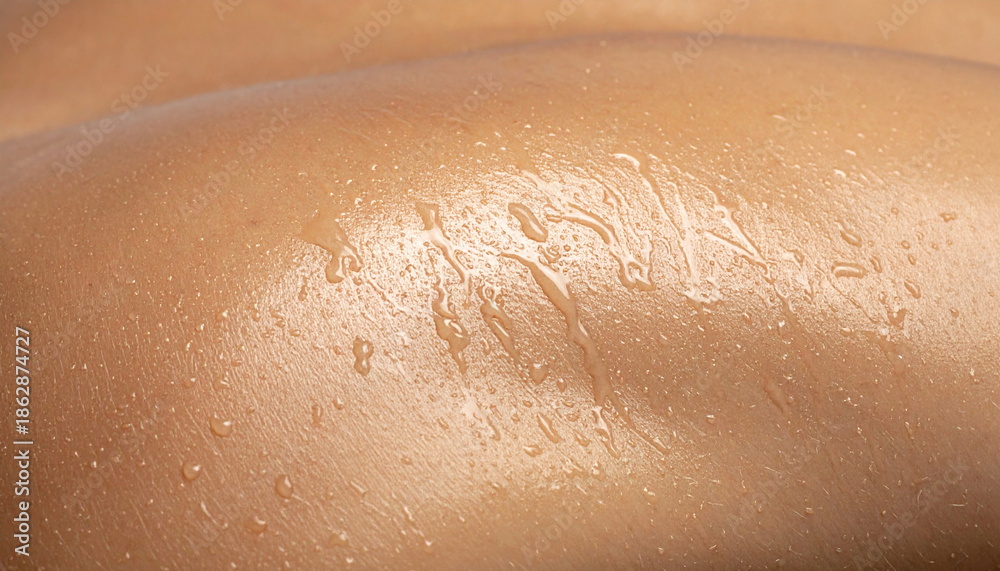 Fototapeta premium Close-up macro of hydrated human skin with water droplets. Abstract skincare background representing moisture, freshness, summer care, cosmetic hydration, wellness and healthy glowing skin.