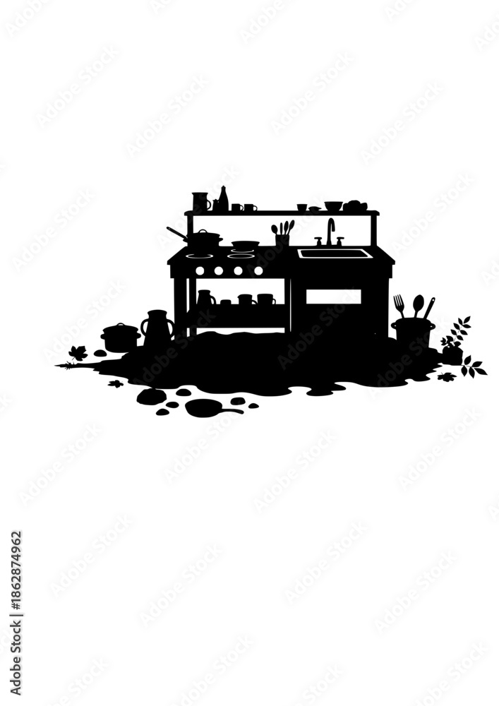 Fototapeta premium Outdoor Mud Kitchen Silhouette for Nature First Parenting and Sustainable Childhood Play Environmental Education Gardening Concept Vector