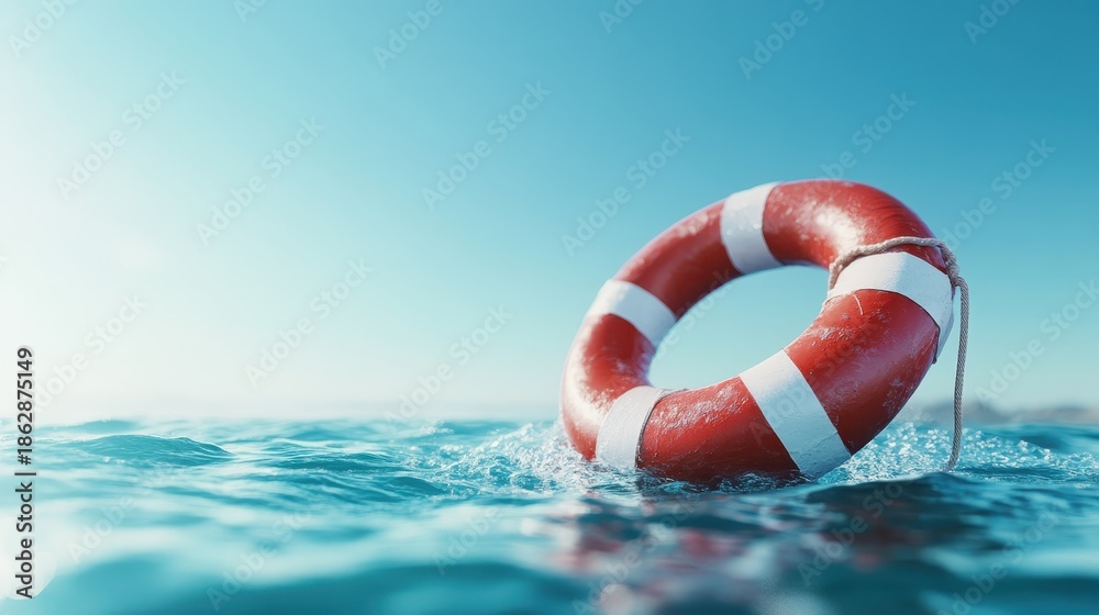 Naklejka premium A bright orange and white lifebuoy floats on the clear, sparkling surface of the ocean, symbolizing safety and rescue while evoking a sense of summer adventure and fun.