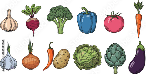 Vintage engraved organic vegetable vector icon set with hand drawn garlic beet broccoli pepper tomato carrot onion potato cabbage and eggplant