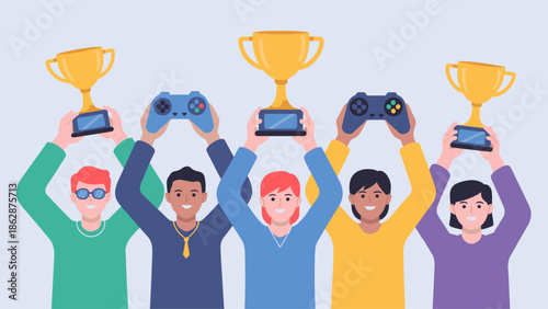 diverse group of gamers celebrating with trophies and controllers vector illustration