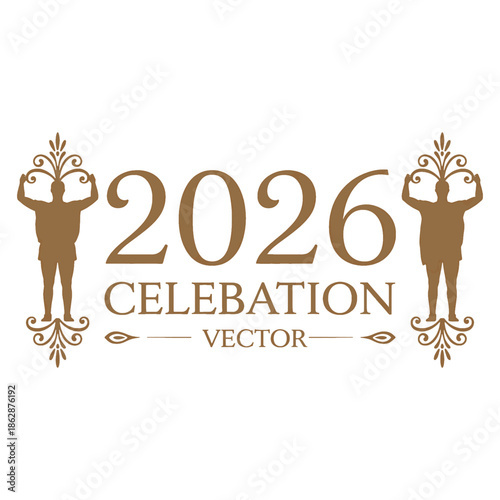 Brown of 2026 celebration with two human figures holding floral and text floral text