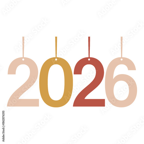 Colorful hanging ornaments shaped like the year 2026 with a rustic wooden brown