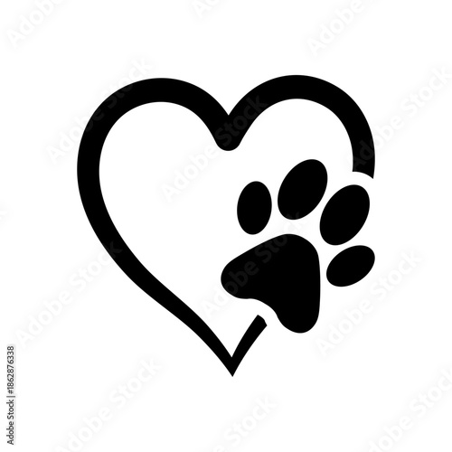 Animal Love Icon with Paw Print and Heart, Pet Care and Adoption Symbol