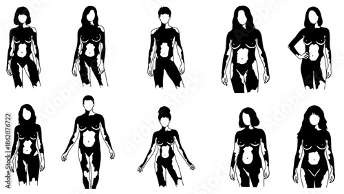 Collection of various human body poses in black and white illustration