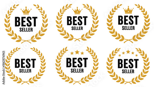 Golden best seller badge collection with laurel wreaths and crown icons