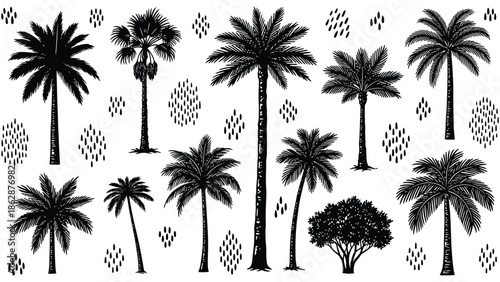 Collection of black and white tropical palm tree silhouettes pattern