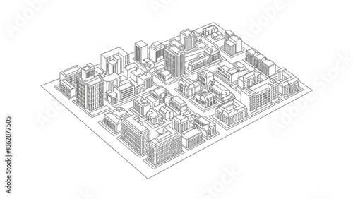Detailed isometric view of city block with various buildings