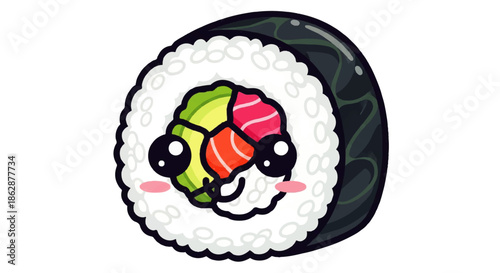 Playful colorful sushi roll cartoon character with rice and seaweed.