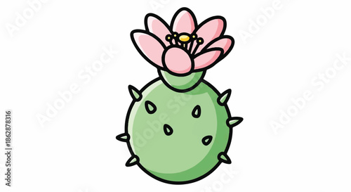 Cartoon Prickly Pear Cactus with Pink Flower, Cute Green Plant Illustration.