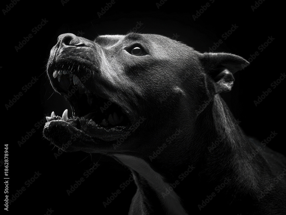 Fototapeta premium A black and white pit bull dog with metal teeth is depicted mid-bark or pant, positioned dramatically against a dark backdrop The images focus is on the dogs intensely lit, shadowy f - AI-Generated