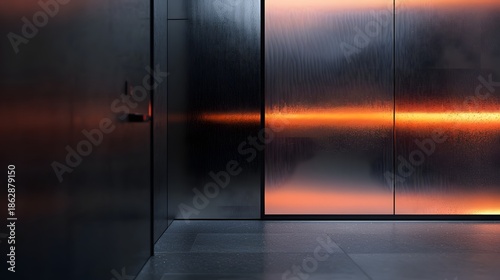 Modern dark interior with a textured glass wall illuminated by a warm orange glowing light in a luxury building lobby.