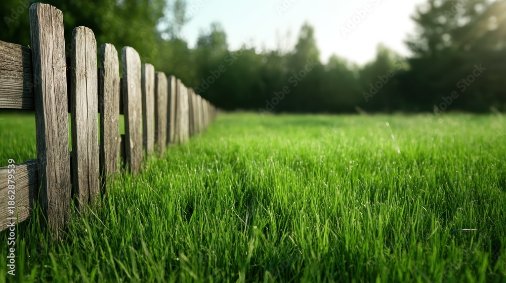Fototapeta premium A serene view of vibrant green grass bordered by a rustic wooden fence, capturing the tranquility of nature in an idyllic outdoor setting with soft sunlight.