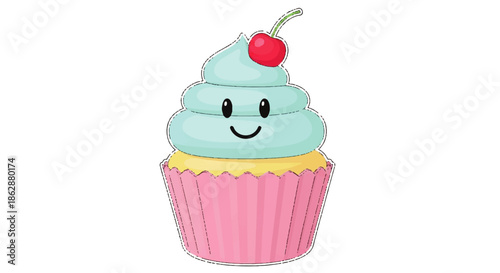 Cute smiling cupcake with cherry on top, pastel frosting, and colorful decorative design.