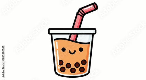 Cheerful Cartoon Bubble Tea in a Cup with Straw and Tapioca Pearls.